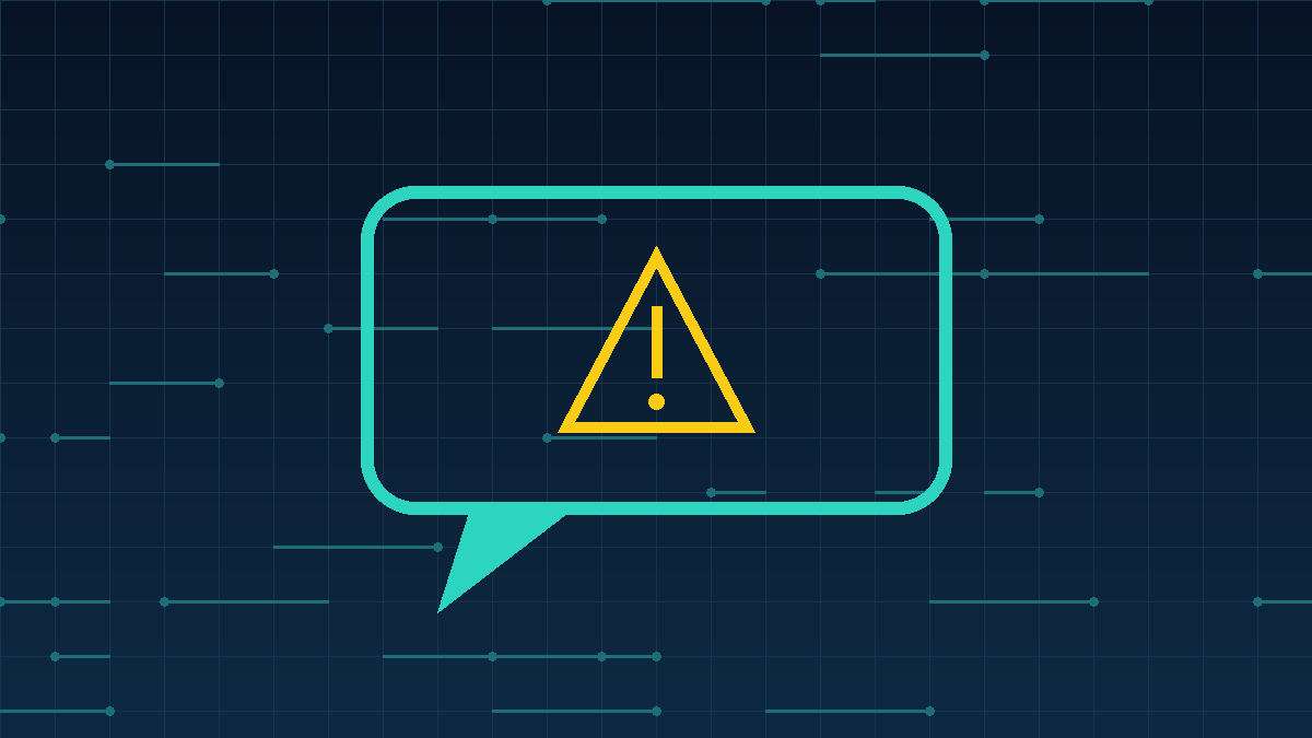 Chat bubble with a yellow warning symbol on a dark navy background