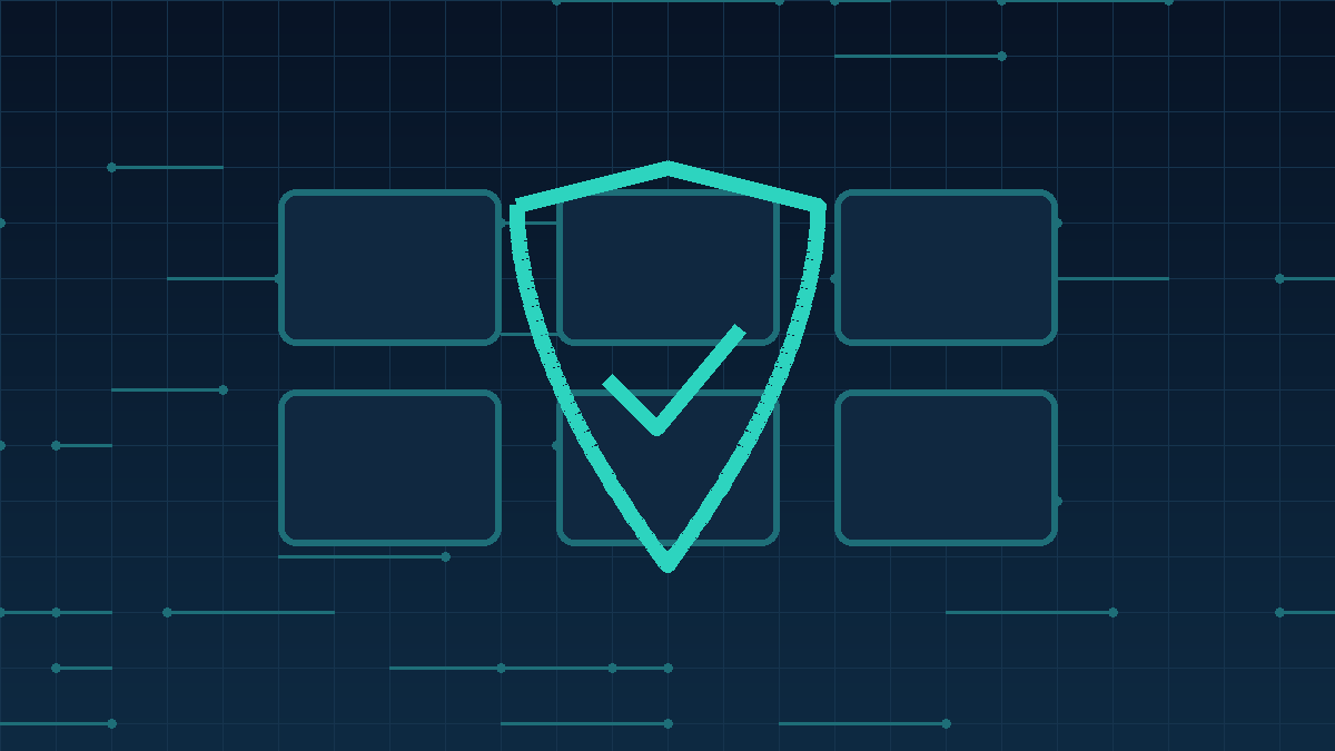 Teal shield with a checkmark over a grid of website blocks